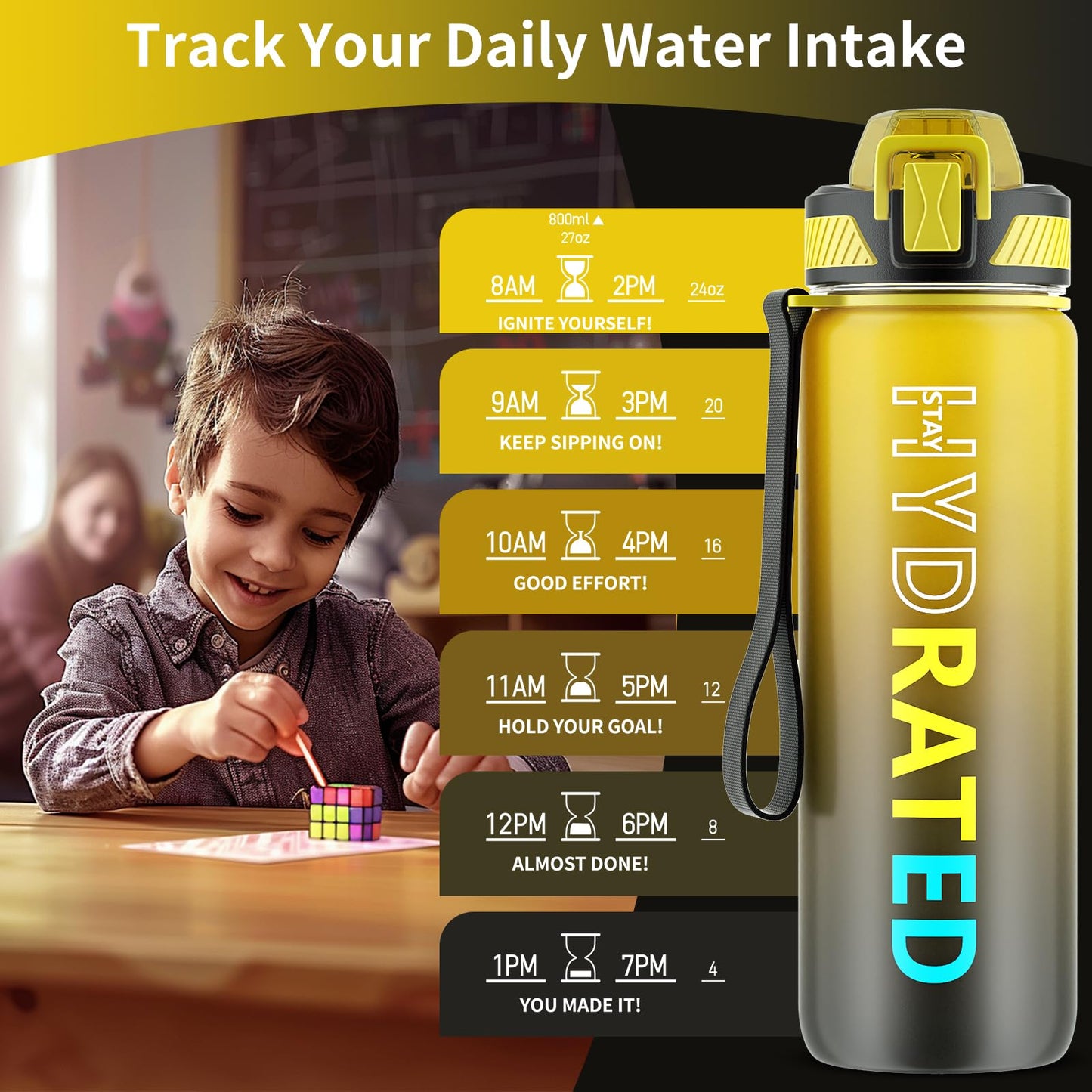 QLUR Water Bottle with Straw, 27 oz Motivational Water Bottles with Time Marker to Drink, Tritan BPA Free, 800ml Sports Water Bottle with Carry Strap LeakProof for School Fitness Outdoor (1Pack)