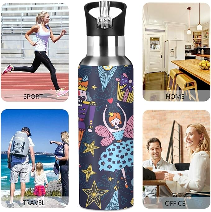 Blueangle Christmas Nutcracker Stainless Steel Water Bottle with Straw, BPA Free Reusable Leakproof Water Jug for Fitness Camping Outdoor Sport