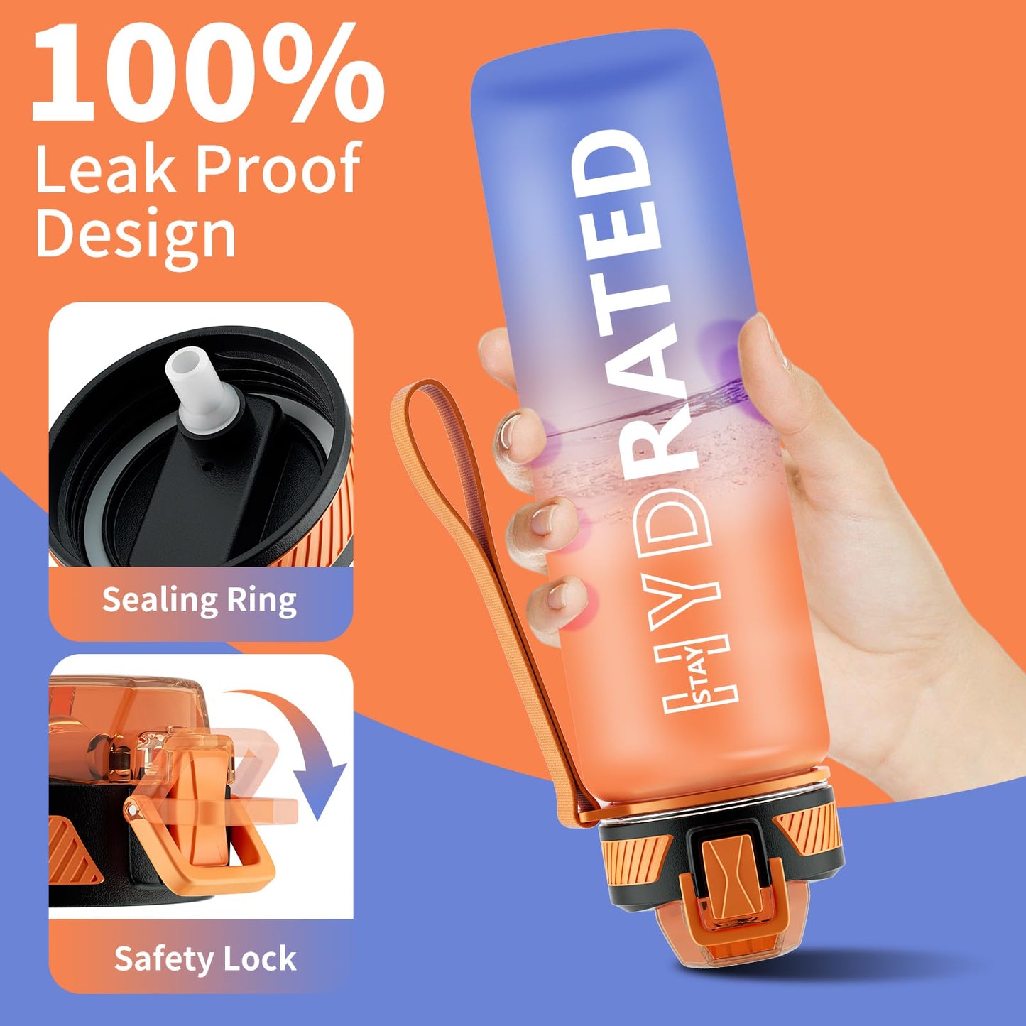 QLUR Water Bottle with Straw, 27 oz Motivational Water Bottles with Time Marker to Drink, Tritan BPA Free, 800ml Sports Water Bottle with Carry Strap LeakProof for School Fitness Outdoor (1Pack)