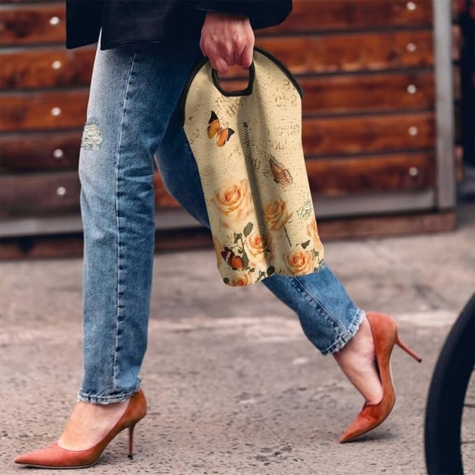 doginthehole 2 Bottle Neoprene Wine/Water Bottle Holder Vintage Yellow Rose Butterfly Print Wine Protective Case for Women Wine Lovers Portable Wine Carrier Tote Bag for Travel Picnic Dinner Wedding