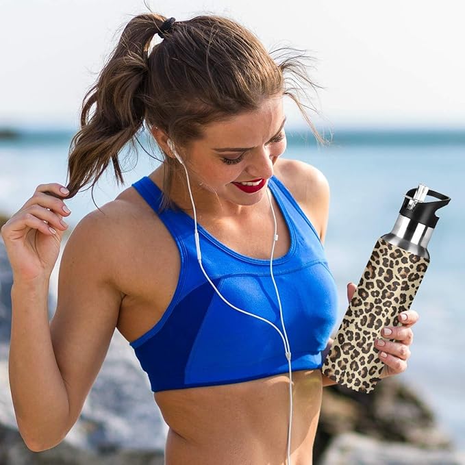 Leopard Water Bottle with Straw Lid for Fitness Gym Camping Outdoor Sports, Wide Mouth Vacuum Insulated 18/8 Stainless Steel, 22 oz