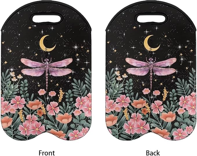 doginthehole Dragonfly Wine Carrier Tote Bag 2 Bottle Insulated Neoprene Wine/Water Bottle Holder Moon Print Wine Carrier Tote Bag Flower Pattern Champagne Carrying Bag Gift for Women Wine Love