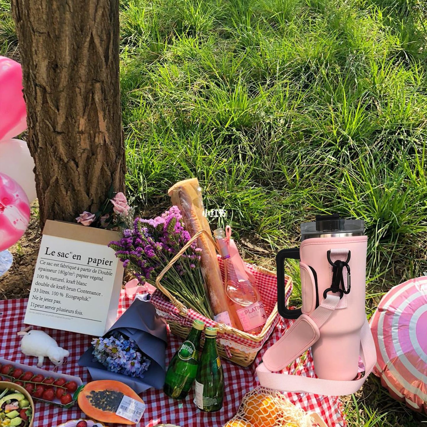 Wotermly Water Bottle Carrier for Stanley Cup Quencher H2.0 Tumbler 40 Oz,Water Bottle Pouch with Adjustable Shoulder Strap (PinkandBag)