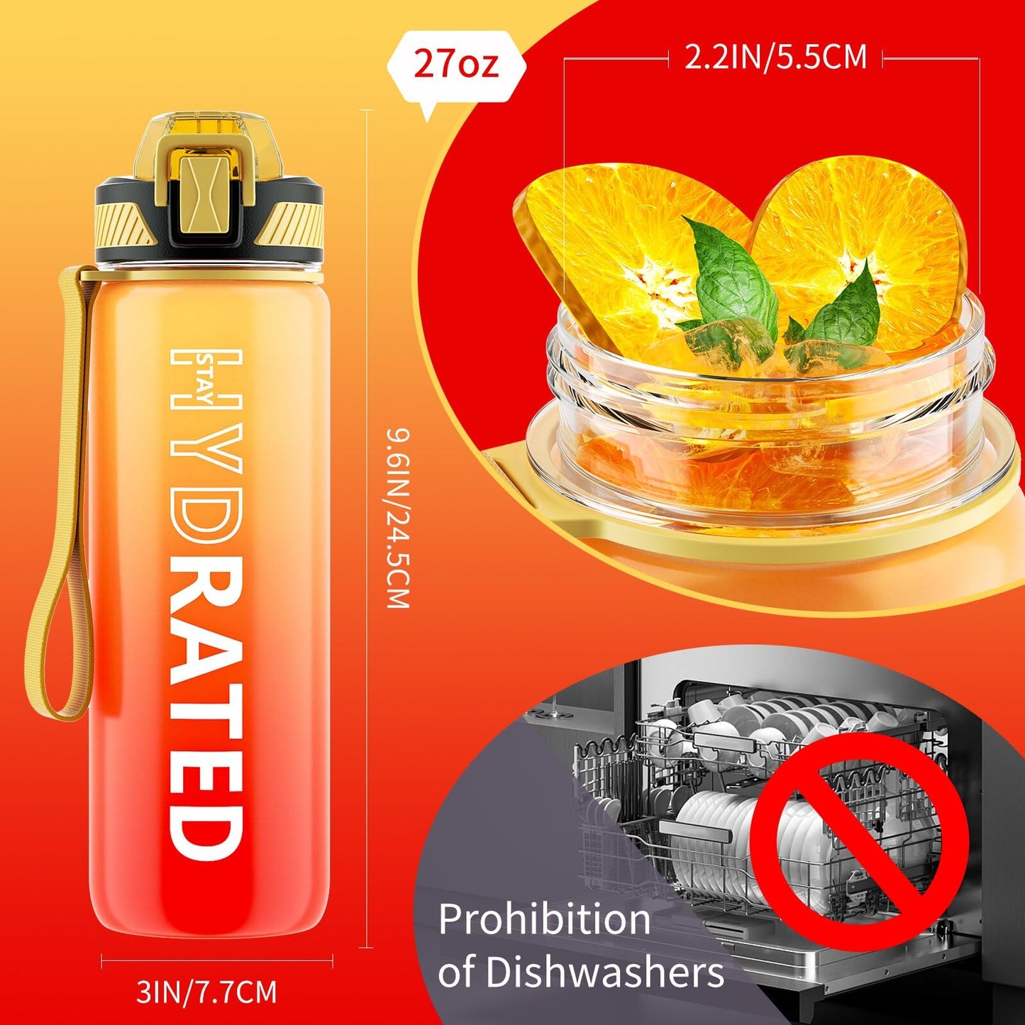QLUR Water Bottle with Straw, 27 oz Motivational Water Bottles with Time Marker to Drink, Tritan BPA Free, 800ml Sports Water Bottle with Carry Strap LeakProof for School Fitness Outdoor (1Pack)