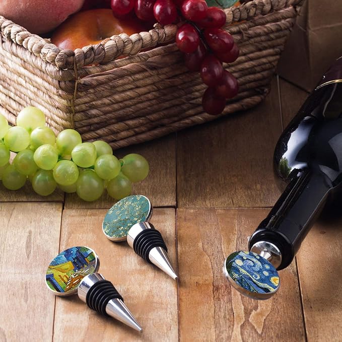 LIZIMANDU Wine Bottle Stoppers,Set of 3 Stainless Steel Wine Stoppers For Gifts, Bar, Holiday Party, Wedding(3-Van Gogh)
