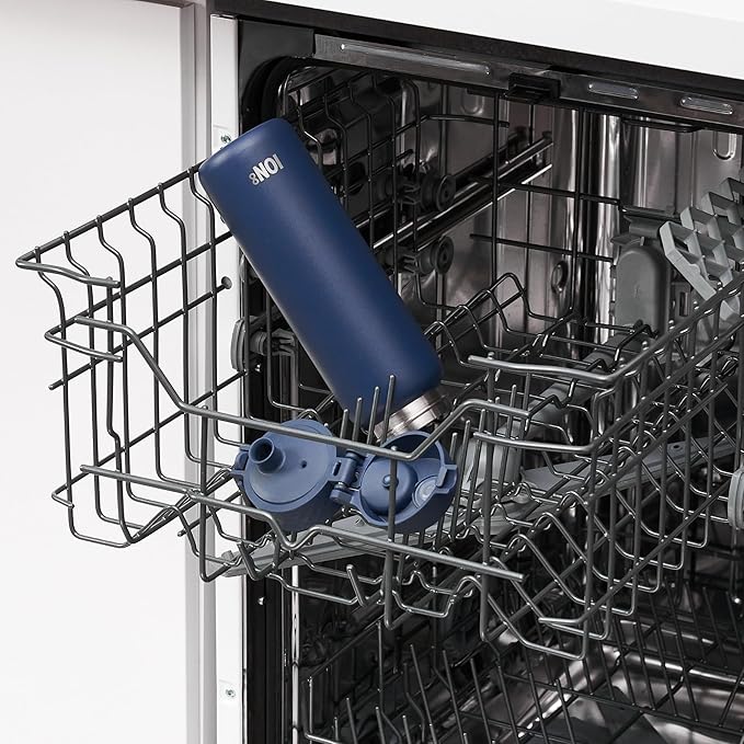 ION8 Steel Water Bottle, 600 ml/20 oz, Leak Proof, Easy to Open, Secure Lock, Dishwasher Safe, Flip Cover, Fits Cup Holders, Carry Handle, Durable, Scratch Resistant, Carbon Neutral, Navy Blue