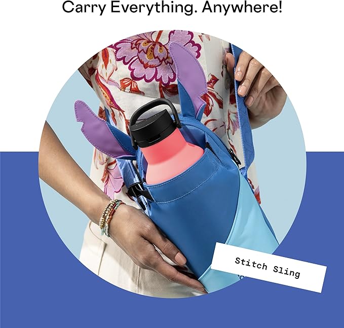 Corkcicle x Disney Stitch Crossbody Water Bottle Sling Bag, Fits 16 oz to 40 oz Tumbler – Water Bottle Holder with Strap and Padded Interior Securely Holds Bottle, Cards, Phone, Keys, and More