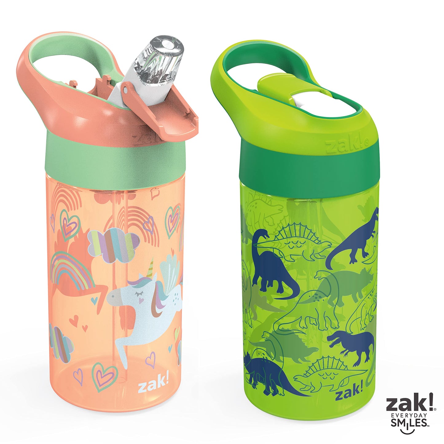 Zak Designs 16oz Riverside Kids Water Bottle with Spout Cover and Built-in Carrying Loop, Made of Durable Plastic, Leak-Proof Water Bottle Design for Travel (Unicorn & Dino Camo, Pack of 2)