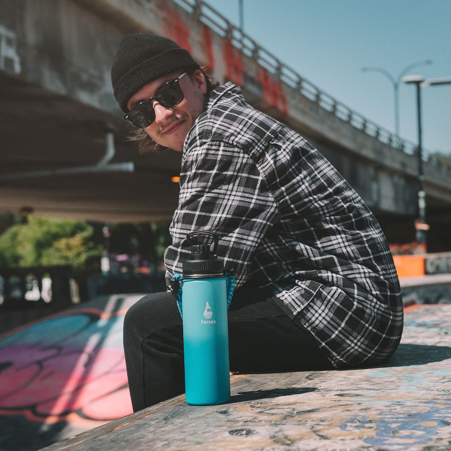 Farsea Insulated Water Bottle With Paracord Handle, Protective Silicone Boot and 2 Lids (Straw Lid & Spout Lid), Stainless Steel Water Bottle Wide Mouth, Double Wall Sweat-Proof BPA-Free,12 oz
