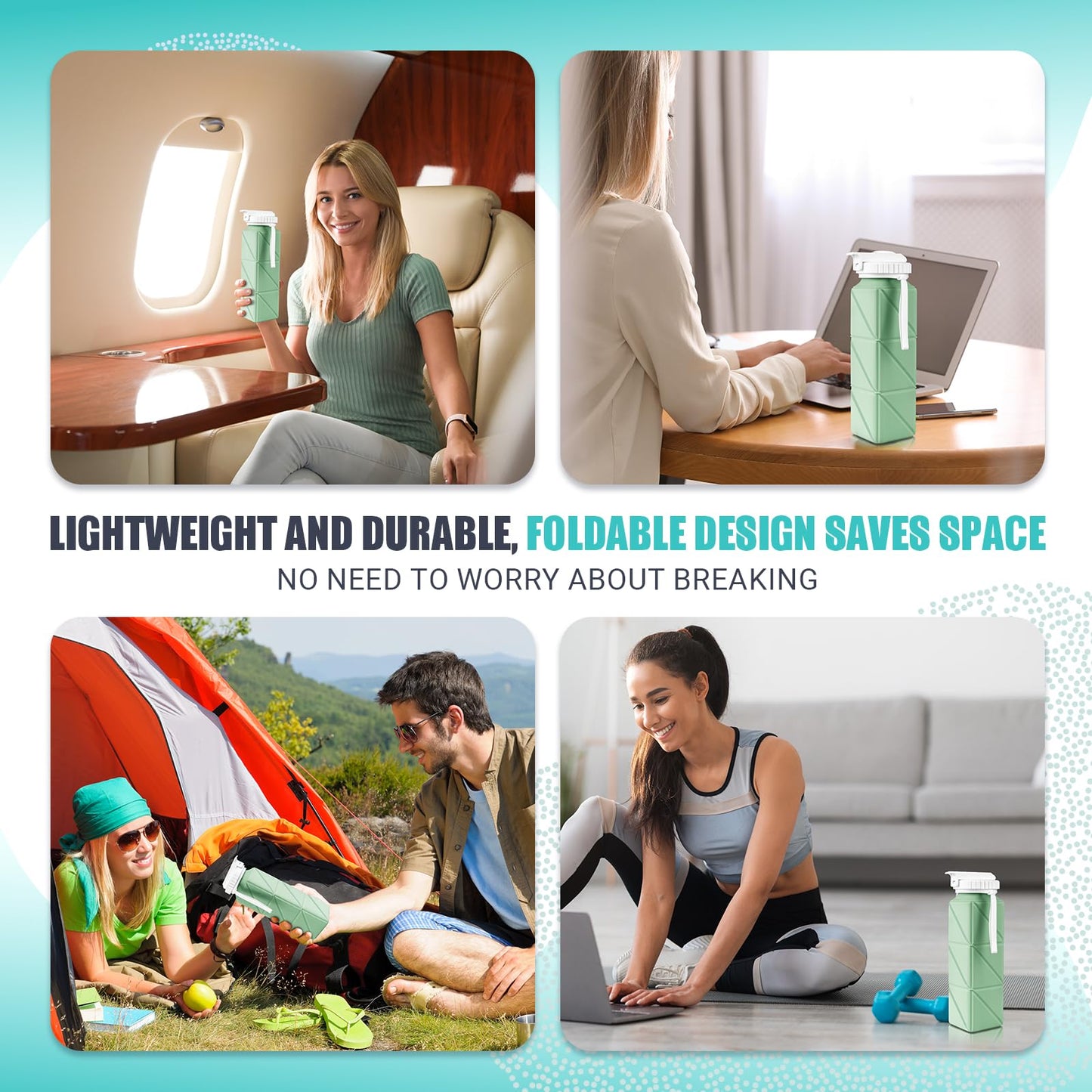 Collapsible Travel Water Bottles, Food Grade BPA Free Silicone Foldable Water Bottle, Leakproof Portable Expandable Water Bottles for Traveling, Camping, Hiking, Cycling & Sports Outdoor 620ml, Green