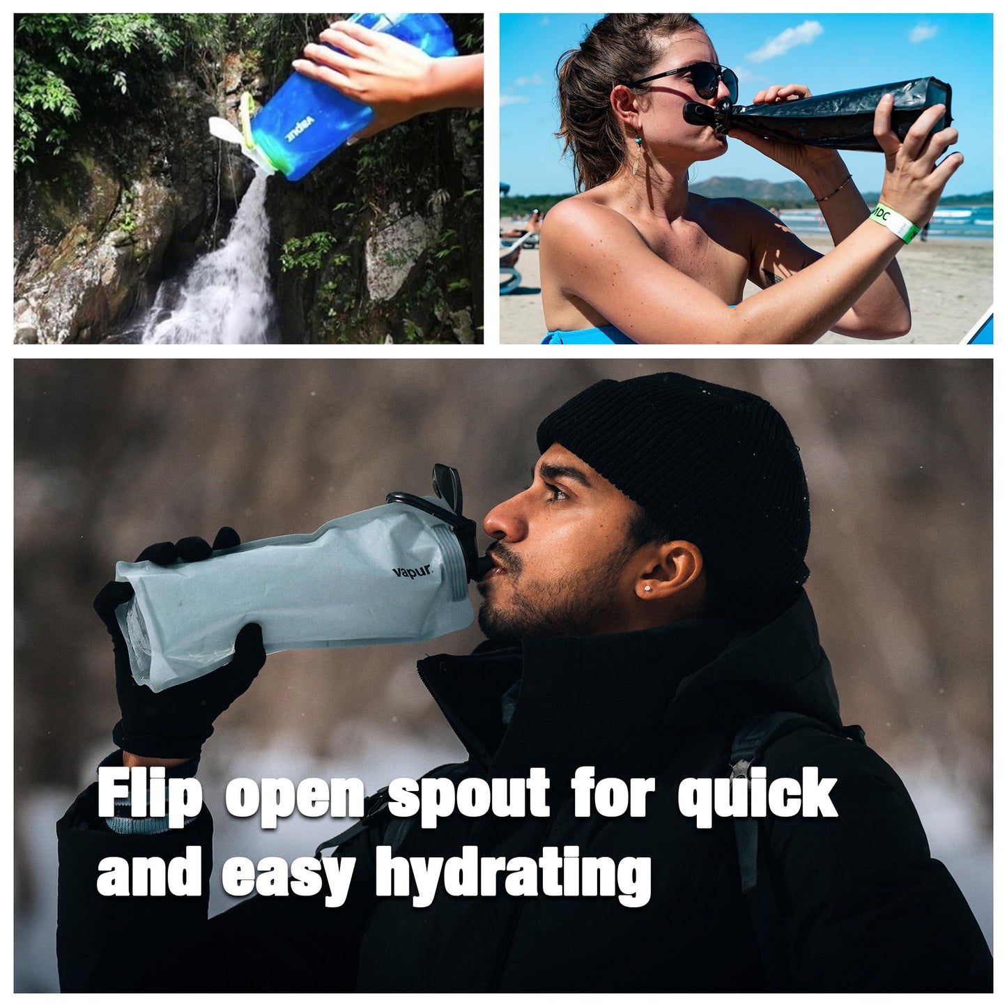 Vapur Flexible, Collapsible Wide Mouth Anti-Bottle with Detachable Carabiner, 1 Liter, Blue Steel, Pack of 1