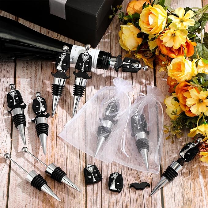Wedding Beadable Wine Bottle Stopper Bulk Groomsmen Wine Stopper Stainless Steel Beer Corker with Silicone Beard Bead Sheer Bag Wedding Bridal Shower Favor for Guest Engagement Party(20 Set)