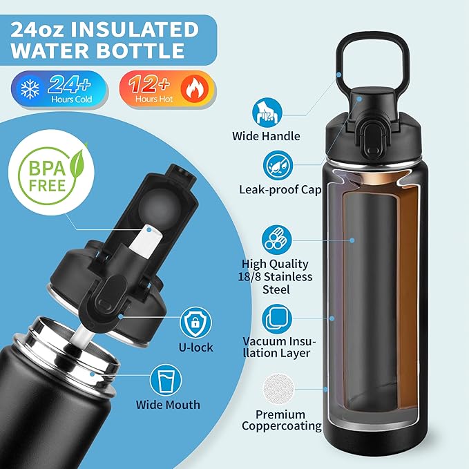 Insulated water bottle with Straw,24oz Stainless Steel Water Bottle for Adult Kids,Double Wall Vacuum Wide Mouth Insulated Water Bottle for Sports,BPA-free and Leak-proofοΌ24oz,BlackοΌ