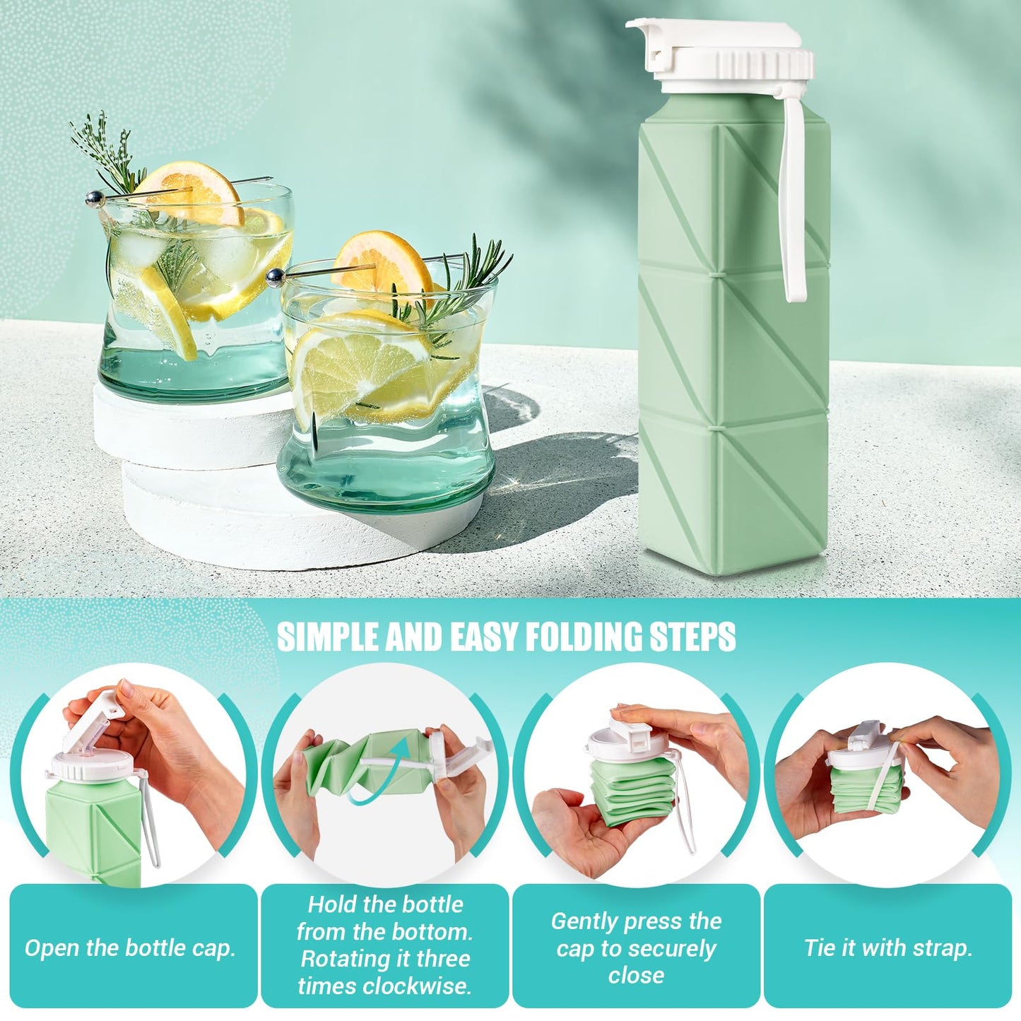 Collapsible Travel Water Bottles, Food Grade BPA Free Silicone Foldable Water Bottle, Leakproof Portable Expandable Water Bottles for Traveling, Camping, Hiking, Cycling & Sports Outdoor 620ml, Green