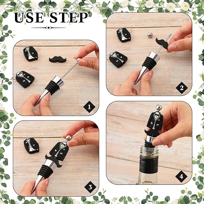 Wedding Beadable Wine Bottle Stopper Bulk Groomsmen Wine Stopper Stainless Steel Beer Corker with Silicone Beard Bead Sheer Bag Wedding Bridal Shower Favor for Guest Engagement Party(20 Set)