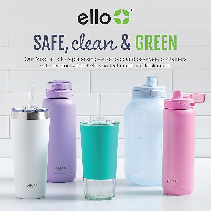 Ello Cooper 40oz Stainless Steel Water Bottle with Straw and Carry Handle, Double Walled and Vacuum Insulated Metal, Leak Proof Locking Lid with Soft Silicone Spout, Reusable, BPA Free, Sage
