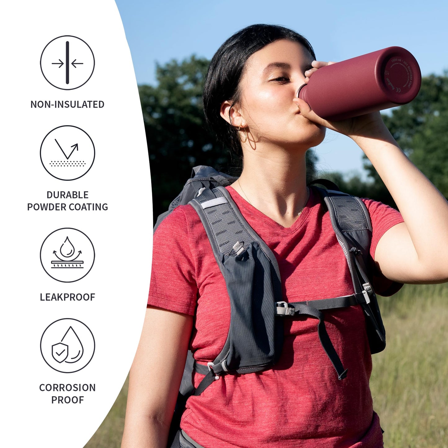 Bambaw 16 oz Water Bottle Non-insulated, Metal Water Bottle Red, Single Walled Stainless Steel Water Bottle, Leak Proof Water Bottle for School, BPA Free Water Bottle no Straw – Red Berry