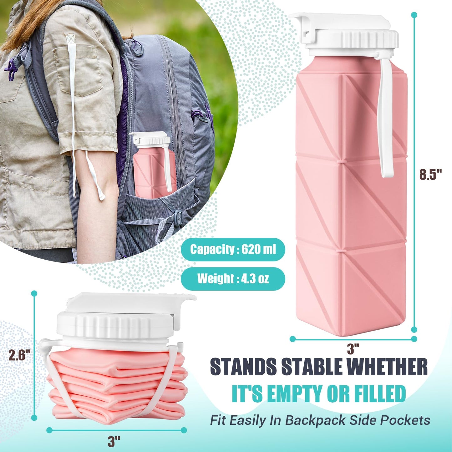 Collapsible Travel Water Bottles, Food Grade BPA Free Silicone Foldable Water Bottle, Leakproof Portable Expandable Water Bottles for Traveling, Camping, Hiking, Cycling & Sports Outdoor 620ml, Pink