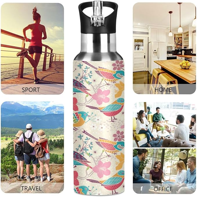 ALAZA Floral Birds Print Water Bottle With Straw Lids Boys Girls,Vacuum Insulated Leakproof Stainless-Steel Sports Bottle Thermal Flask For Gym Yoga Camping,34Oz (1000Ml)