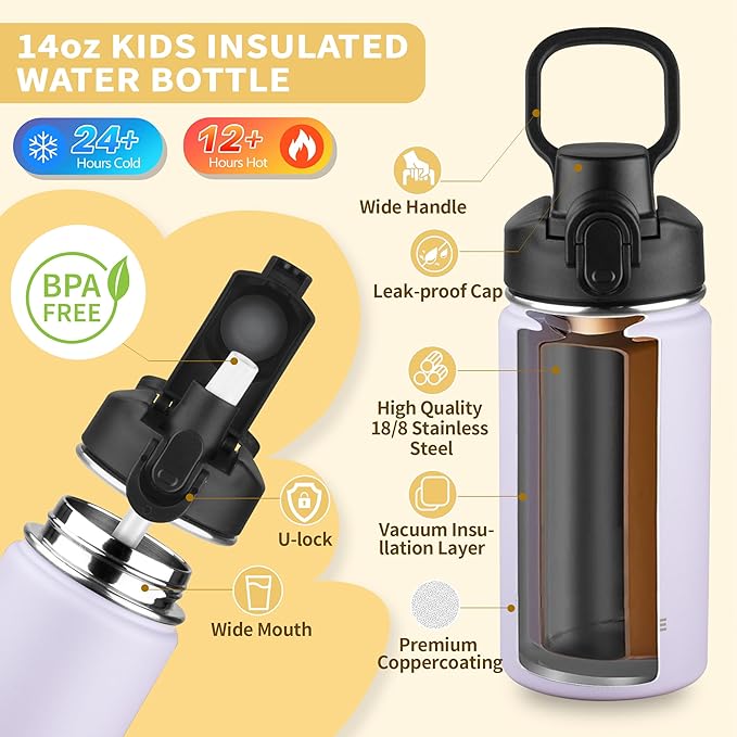 Kids Insulated Water Bottle with Straw,14oz Stainless Steel Water Bottle,BPA-free and Leak-proof,Double Wall Vacuum Water Flask for School,Gifts for Boys and GirlsοΌ14oz,LavenderοΌ