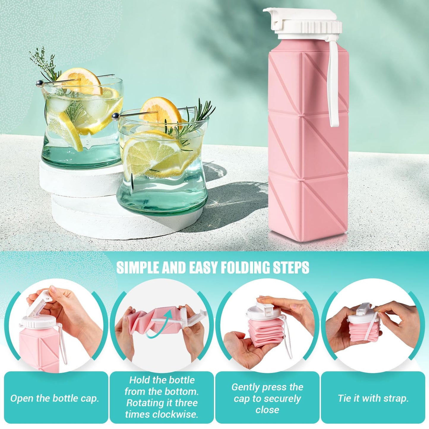 Collapsible Travel Water Bottles, Food Grade BPA Free Silicone Foldable Water Bottle, Leakproof Portable Expandable Water Bottles for Traveling, Camping, Hiking, Cycling & Sports Outdoor 620ml, Pink