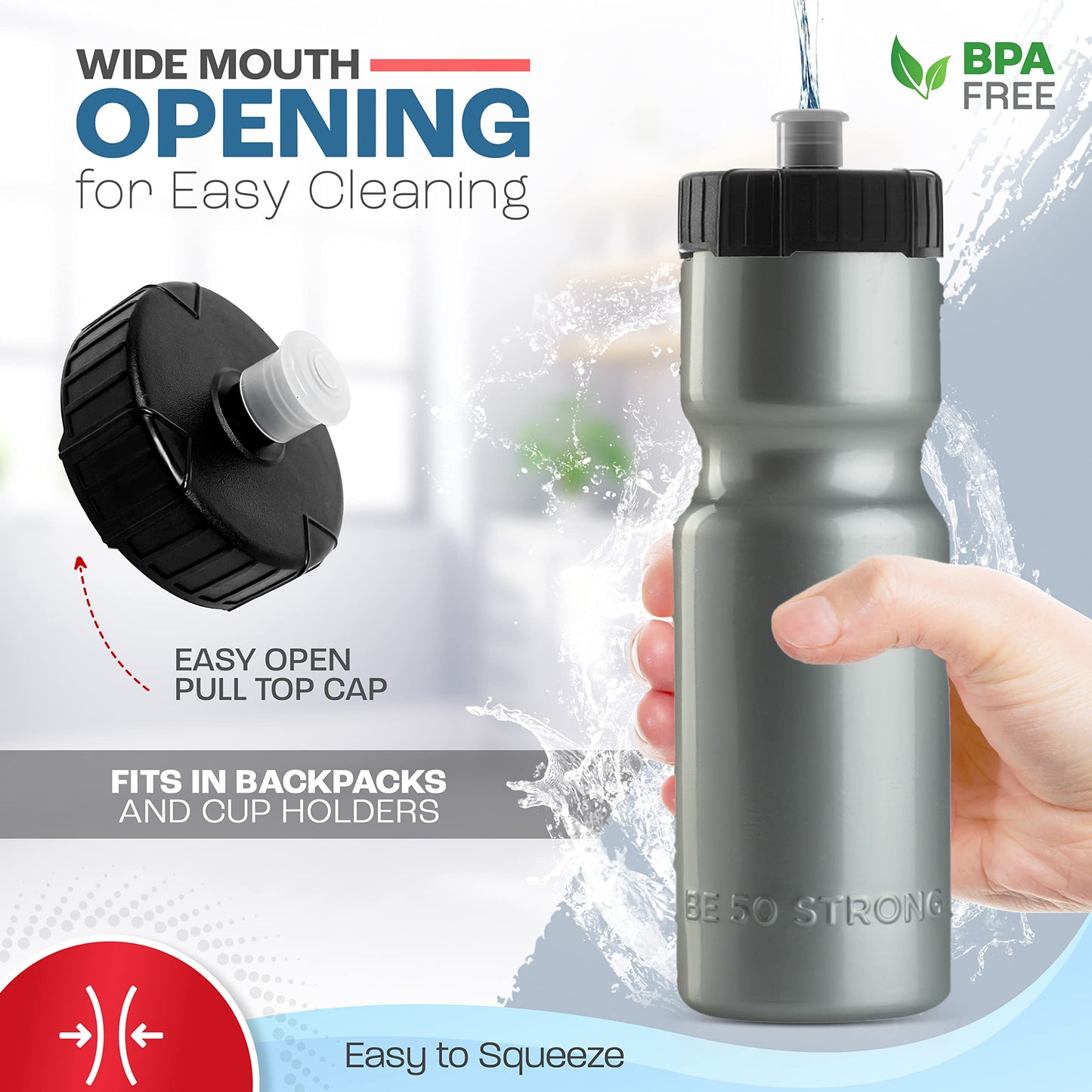 50 Strong Bulk Water Bottles | 24 Pack Sports Bottle | 22 oz. BPA-Free Easy Open with Pull Top Cap | Made in USA | Reusable Plastic Water Bottles for Adults & Kids | Top Rack Dishwasher Safe