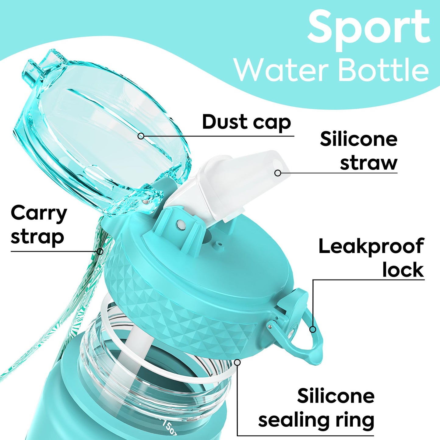OLDLEY Kids Water Bottle with Straw 15 oz BPA-Free Leak-Proof Motivational Water Bottles with Time Marker for School Sports Travel Gym, Easy to Use for Girls Goys, 1 Straw Lid, Blue Grey