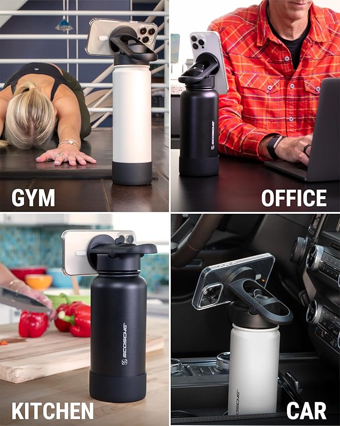 Scosche MFMS22 MagicMount Flask 22oz Stainless Steel Hot & Cold Insulated Sport Water Bottle w/Magnetic Mount Tripod Phone Stand Compatible w/MagSafe iPhone for Cup Holder/Gym/Men/Women/Travel/Black