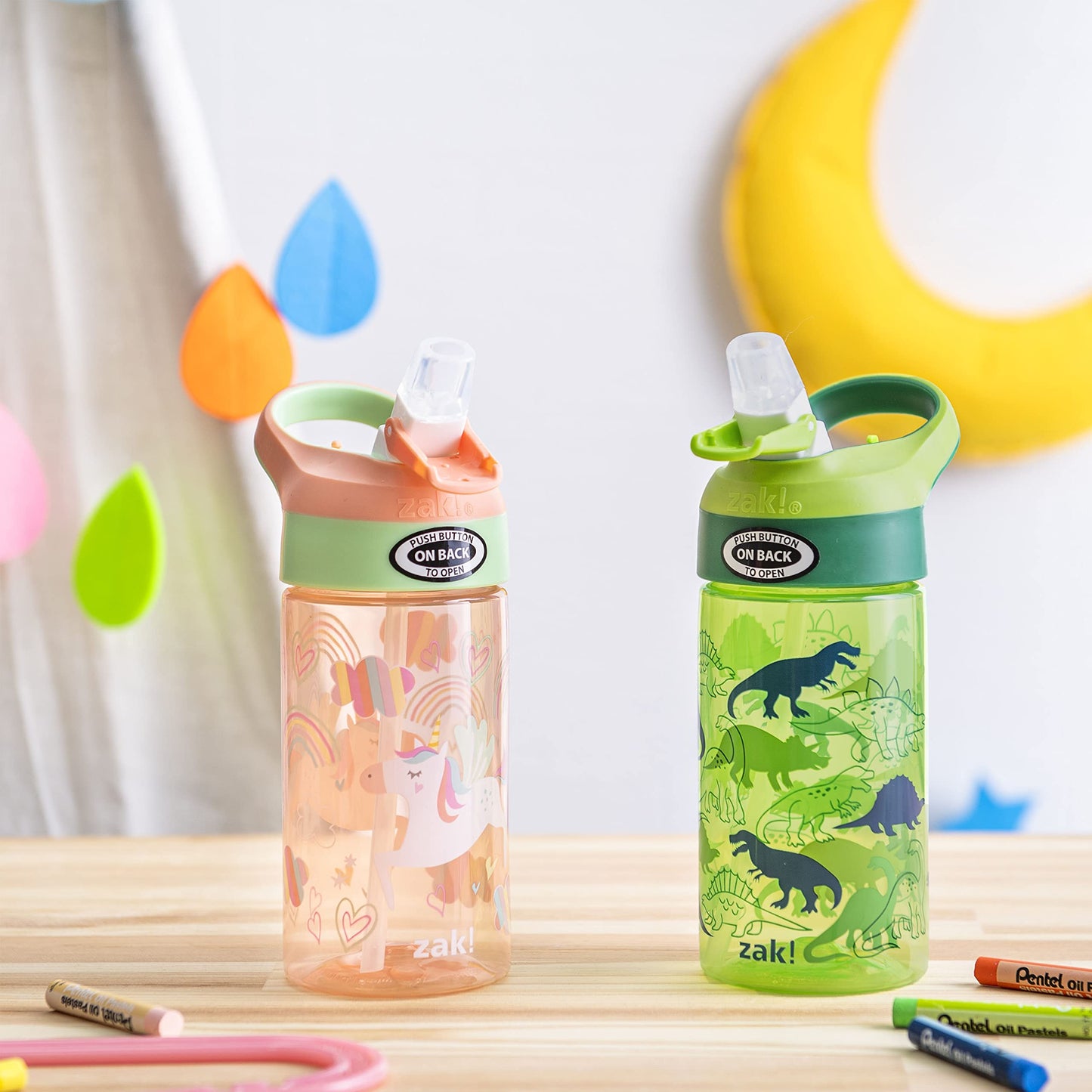 Zak Designs 16oz Riverside Kids Water Bottle with Spout Cover and Built-in Carrying Loop, Made of Durable Plastic, Leak-Proof Water Bottle Design for Travel (Unicorn & Dino Camo, Pack of 2)