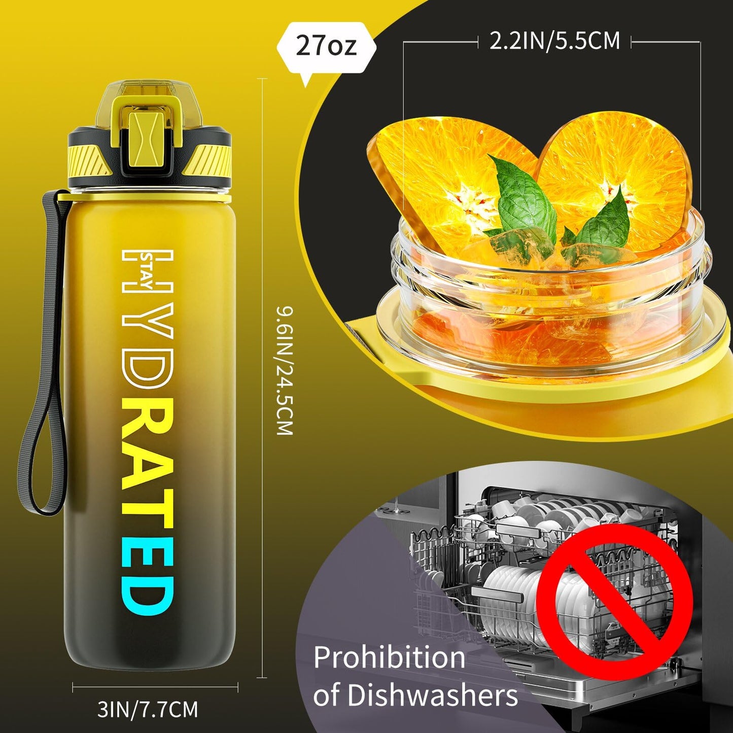 QLUR Water Bottle with Straw, 27 oz Motivational Water Bottles with Time Marker to Drink, Tritan BPA Free, 800ml Sports Water Bottle with Carry Strap LeakProof for School Fitness Outdoor (1Pack)