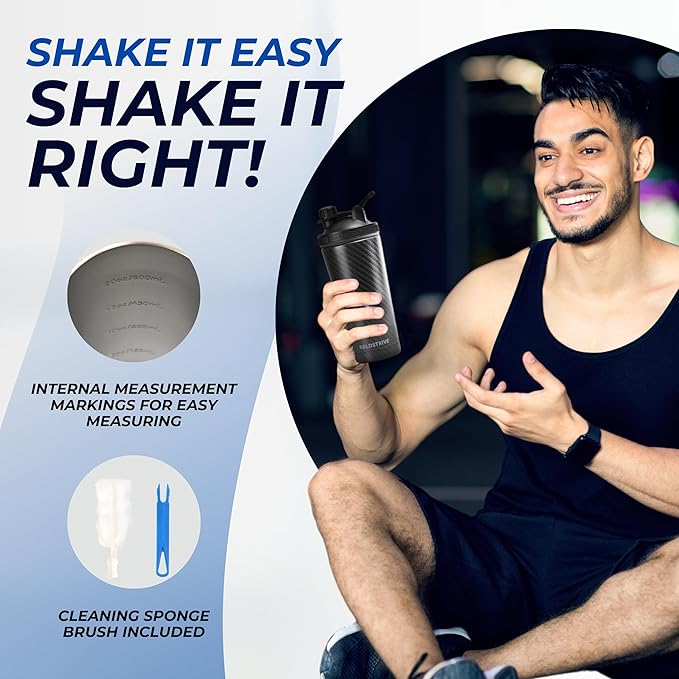 Black Carbon Fiber Stainless Steel Shaker Bottle For Protein - Gym Water Bottle & Mixer Bottle - 24 Oz, Internal Measure, Rubber Bottom, and Brush - Leak Proof & BPA Free Metal Blender Bottle