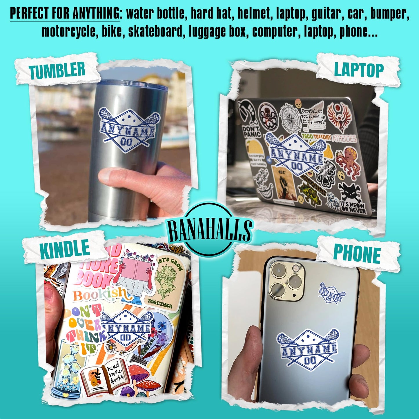 Lacrosse Stick Ball Player Sport Name Custom Sticker Personalized Customized Name Lacrosse Player Waterproof Vinyl Sticker for Water Bottle Laptop Hard Hat Tumbler Cars (Lacrosse Logo)