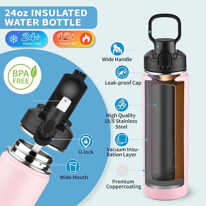 Insulated water bottle with Straw,24oz Stainless Steel Water Bottle for Adult Kids,Double Wall Vacuum Wide Mouth Insulated Water Bottle for Sports,BPA-free and Leak-proofοΌ24oz,PinkοΌ