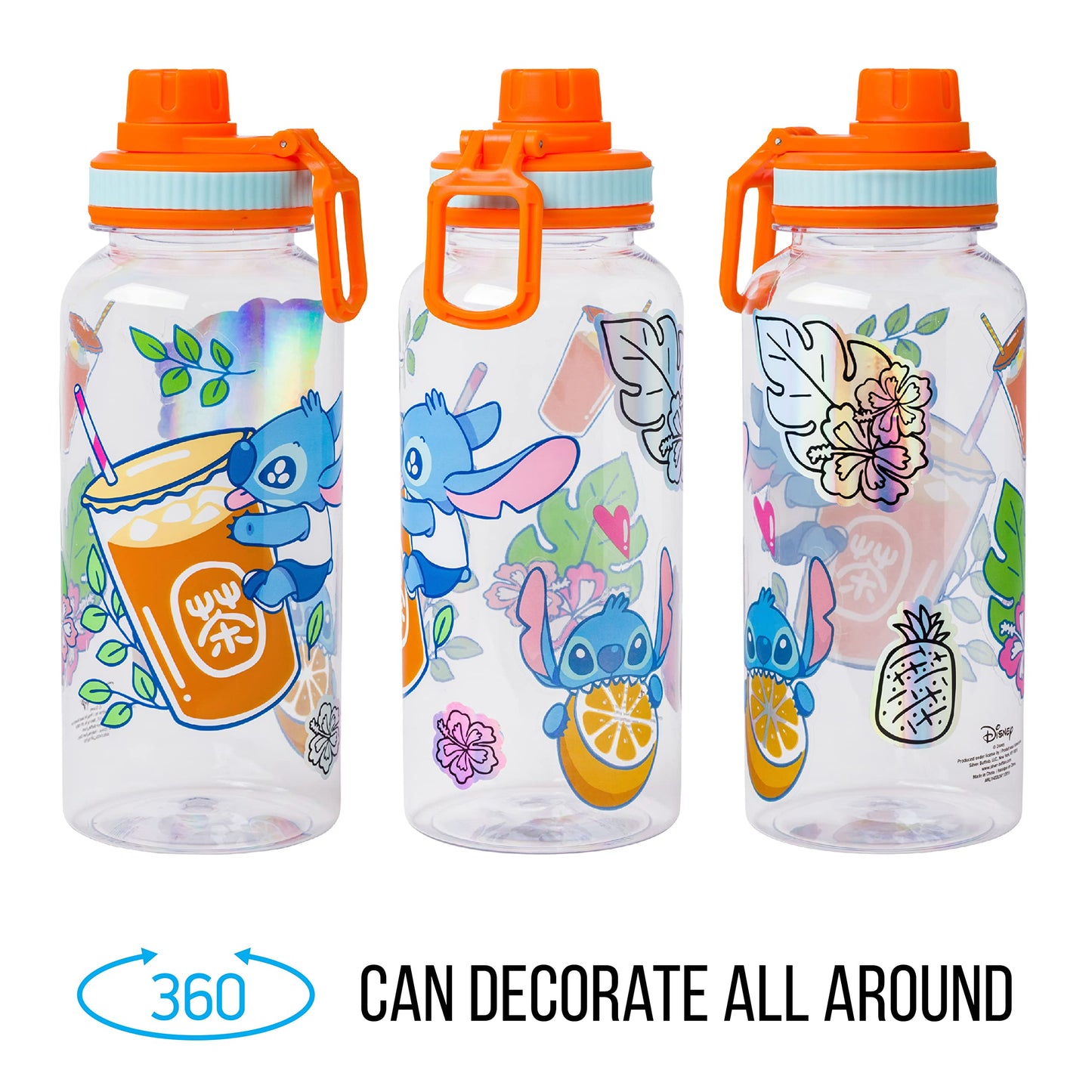 Silver Buffalo Lilo and Stitch Cute Fruit Bubble Tea Twist Spout Plastic Water Bottle with Holographic Stickers You Stick Yourself, 32 Ounces