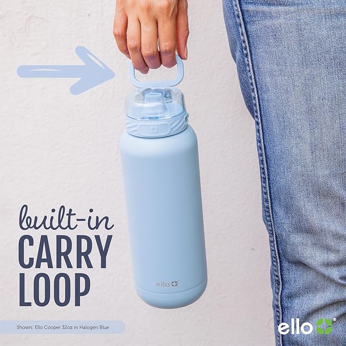Ello Cooper 22oz Stainless Steel Water Bottle with Straw and Carry Handle, Double Walled and Vacuum Insulated Metal, Leak Proof Locking Lid with Soft Silicone Spout, Reusable, BPA Free, Bubblegum