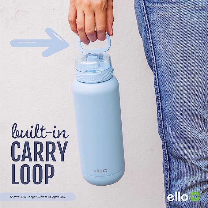 Ello Cooper 40oz Stainless Steel Water Bottle with Straw and Carry Handle, Double Walled and Vacuum Insulated Metal, Leak Proof Locking Lid with Soft Silicone Spout, Reusable, BPA Free, Bubblegum