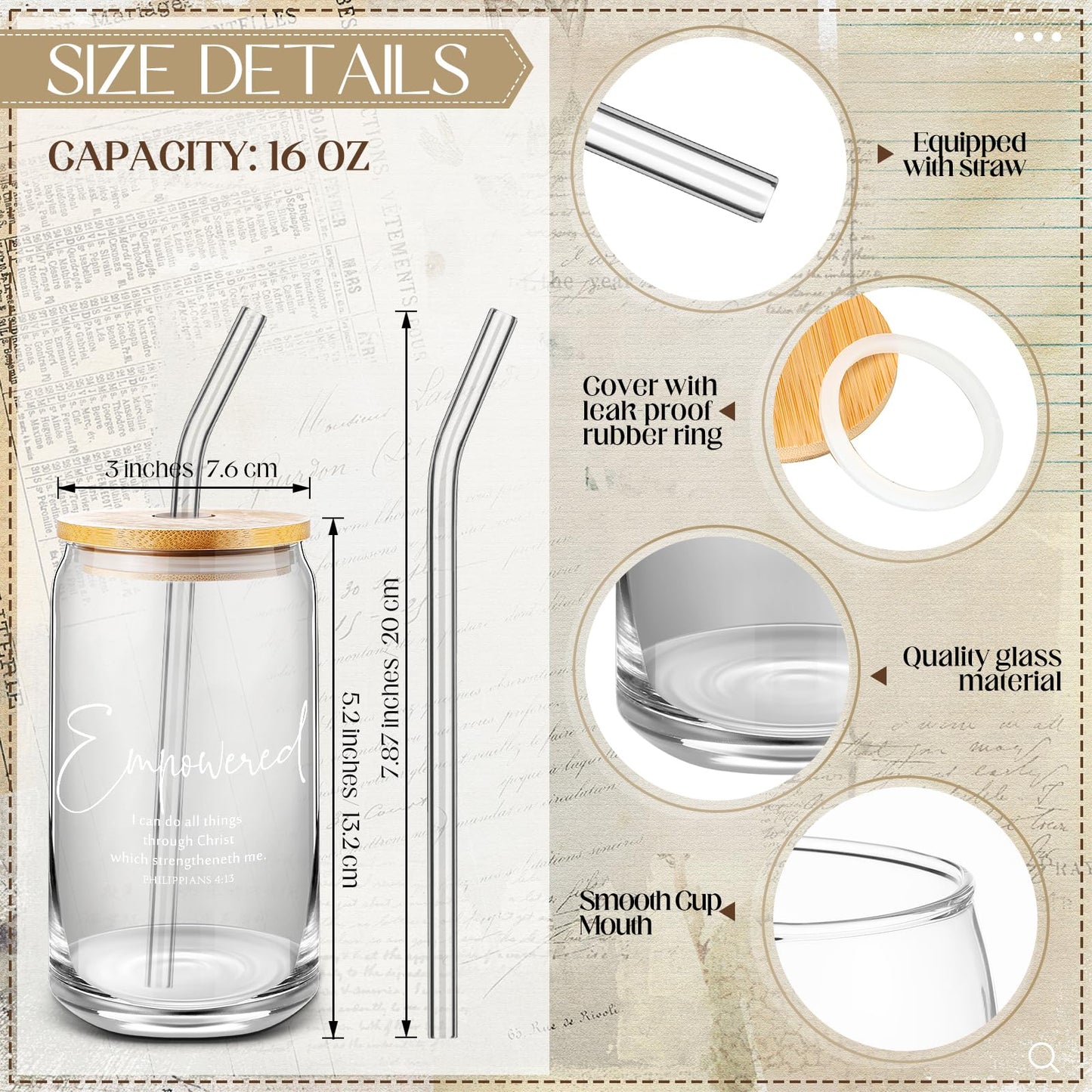 Funnymoom 12 Pcs Grandparents Day Christian Gift Bulk Glass Cups with Bamboo Lids and Straw 16 oz Bible Verse Coffee Cup Christian Religious Gift for Church Sunday School Bible Study Office (12 Style)