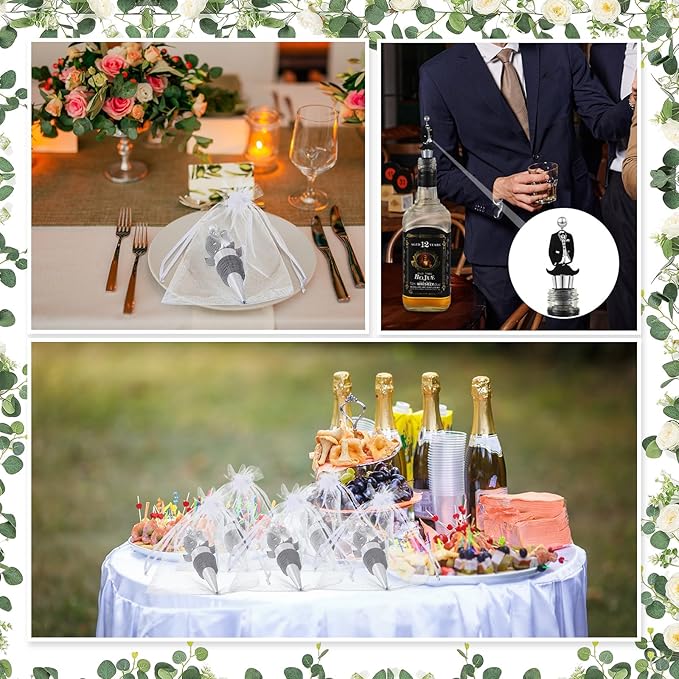 Wedding Beadable Wine Bottle Stopper Bulk Groomsmen Wine Stopper Stainless Steel Beer Corker with Silicone Beard Bead Sheer Bag Wedding Bridal Shower Favor for Guest Engagement Party(20 Set)