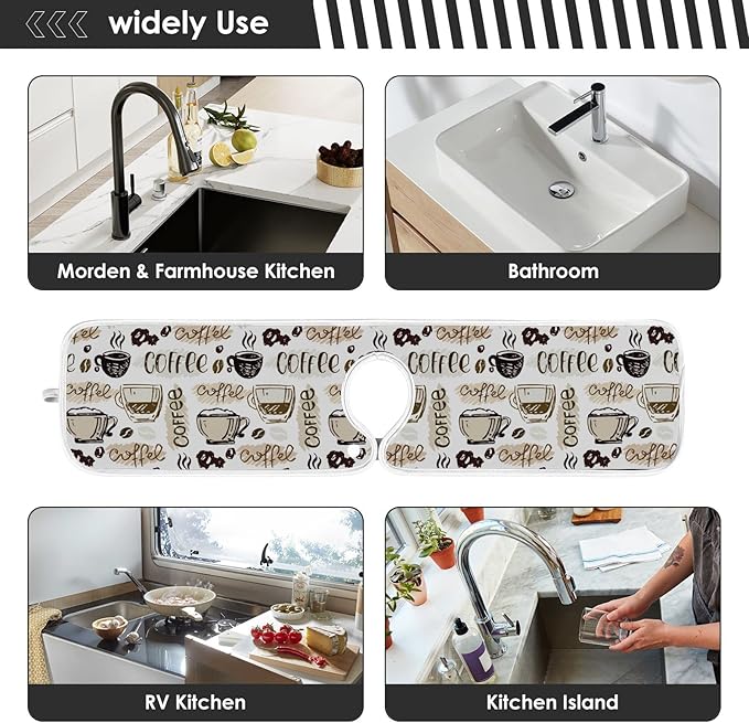 Coffee Theme Faucet Water Catcher Mat 2 Pack Coffee Cup Beans Drying Mat Absorbent Bathroom Faucet Handle Drip Catcher Tray Bar RV Kitchen Sink Splash Guard 30x5 Inches