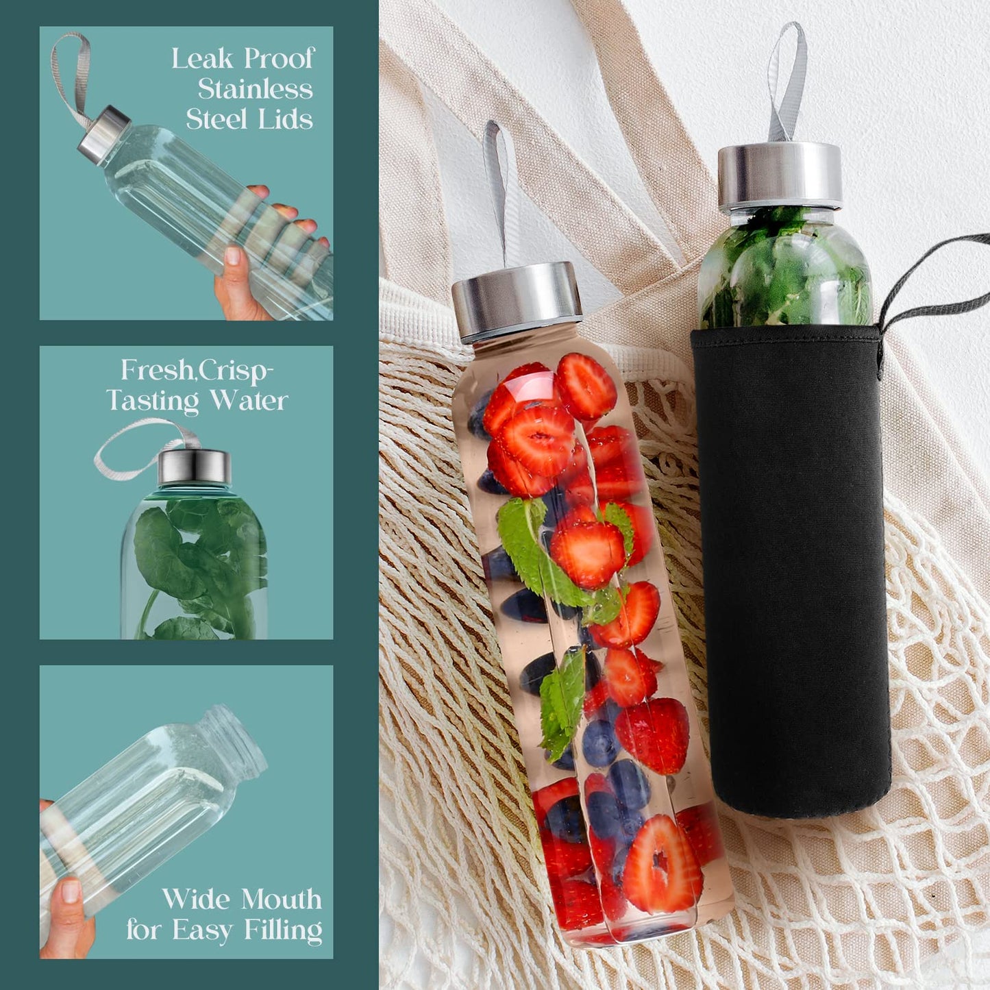 Kitchen Lux 32 oz Glass Water Bottle Set of 12 - Glass Water Bottles Caps & Sleeve, Reusable Glass Bottle Lids, Clear Glass Bottles, Refillable Glass Juice Bottles for Juicing, Juicer Bottles