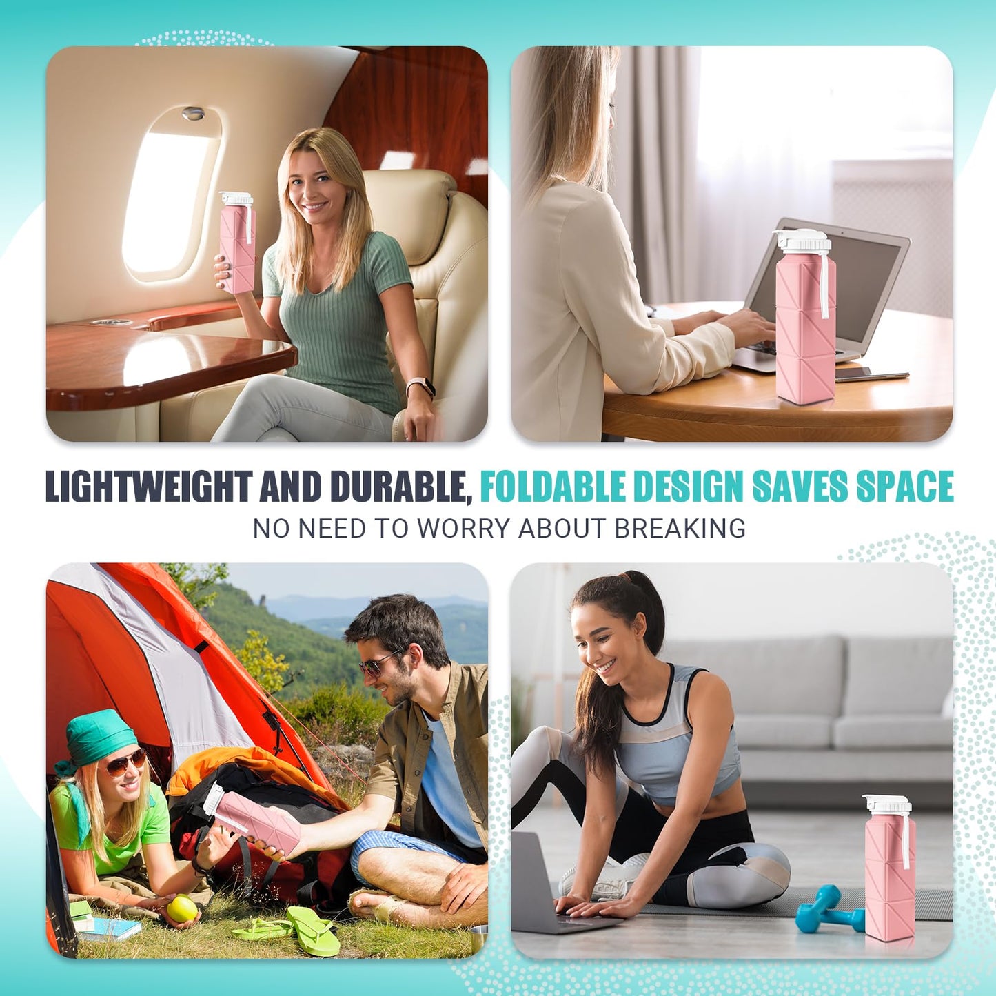 Collapsible Travel Water Bottles, Food Grade BPA Free Silicone Foldable Water Bottle, Leakproof Portable Expandable Water Bottles for Traveling, Camping, Hiking, Cycling & Sports Outdoor 620ml, Pink