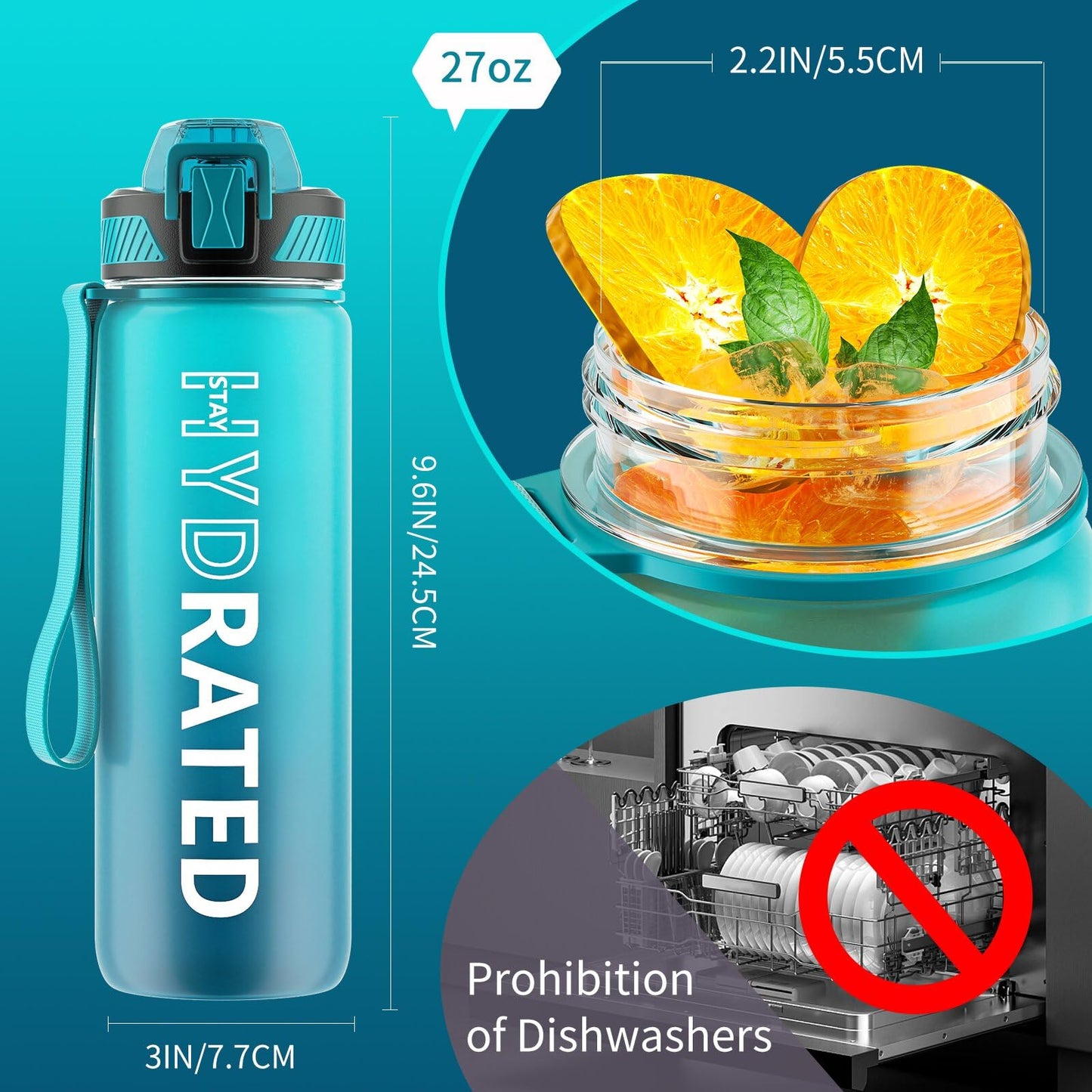 QLUR Water Bottle with Straw, 27 oz Motivational Water Bottles with Time Marker to Drink, Tritan BPA Free, 800ml Sports Water Bottle with Carry Strap LeakProof for School Fitness Outdoor (1Pack)