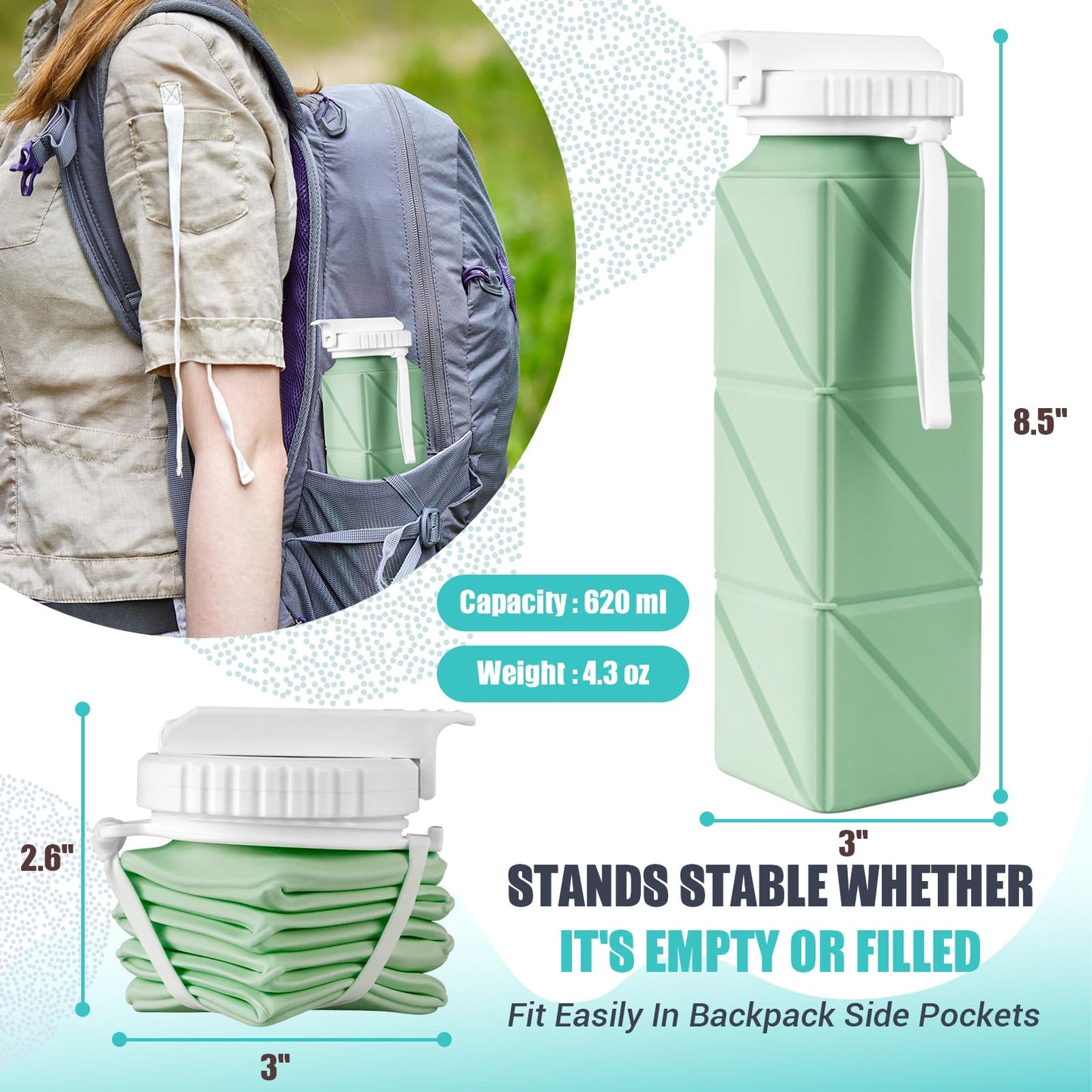 Collapsible Travel Water Bottles, Food Grade BPA Free Silicone Foldable Water Bottle, Leakproof Portable Expandable Water Bottles for Traveling, Camping, Hiking, Cycling & Sports Outdoor 620ml, Green