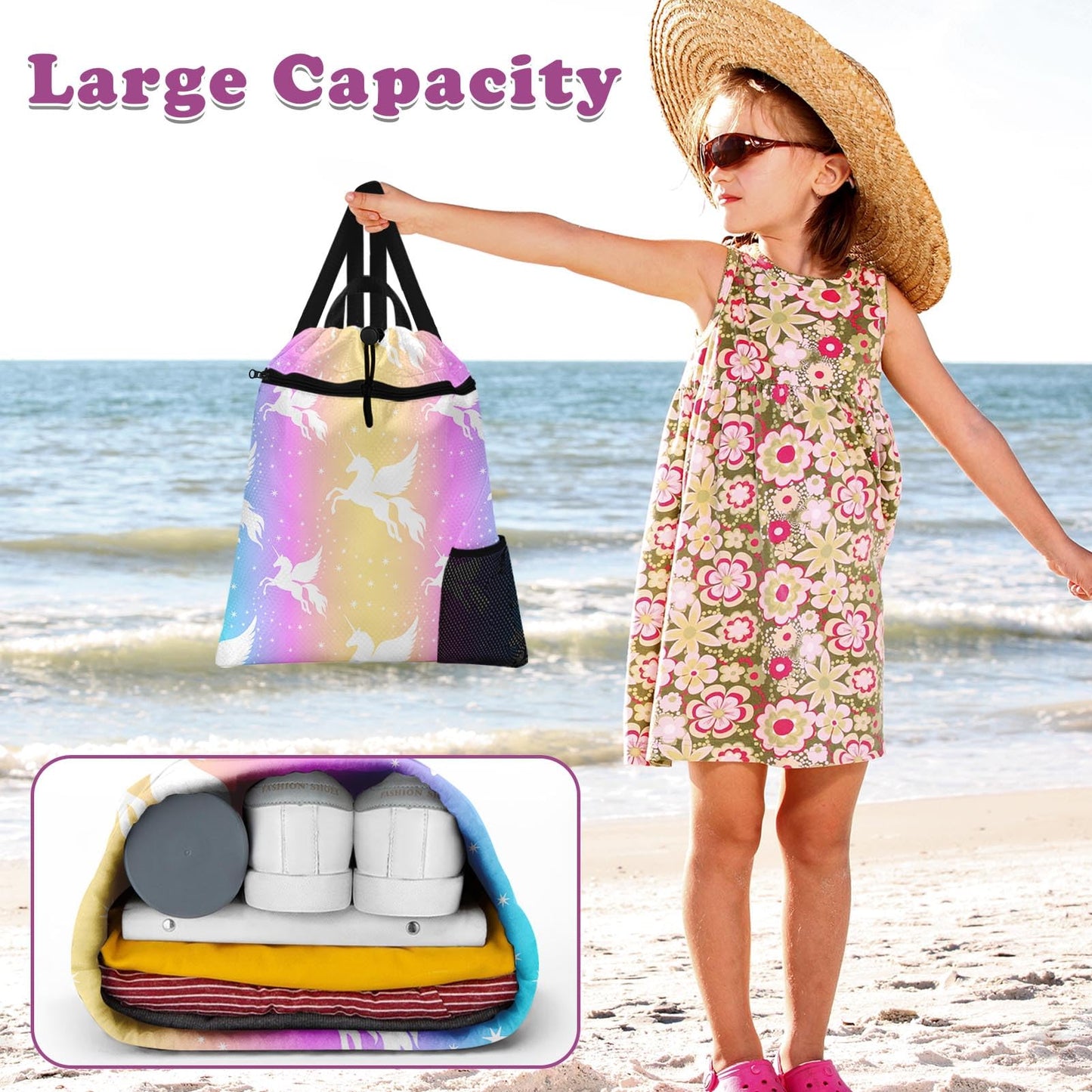 Britown Unicorn Starry Rainbow Gym Drawstring Backpack Waterproof Cute Love Girl Swimming Beach Sackpack, Sports Yoga Dance Travel String Bag Birthday Gift Bags with Water Bottle Pocket