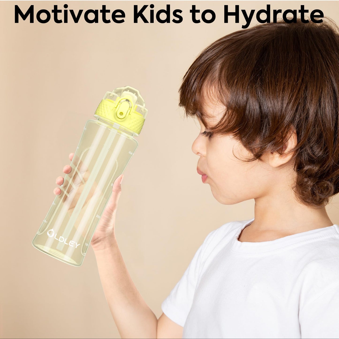 OLDLEY Kids Water Bottle with Straw 15 oz BPA-Free Leak-Proof Motivational Water Bottles with Time Marker for School Sports Travel Gym, Easy to Use for Girls Goys, 1 Straw Lid, Transparent-yellow