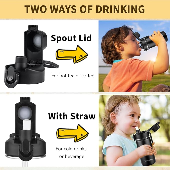 Kids Insulated Water Bottle with Straw,14oz Stainless Steel Water Bottle,BPA-free and Leak-proof,Double Wall Vacuum Water Flask for School,Gifts for Boys and GirlsοΌ14oz,BlackοΌ
