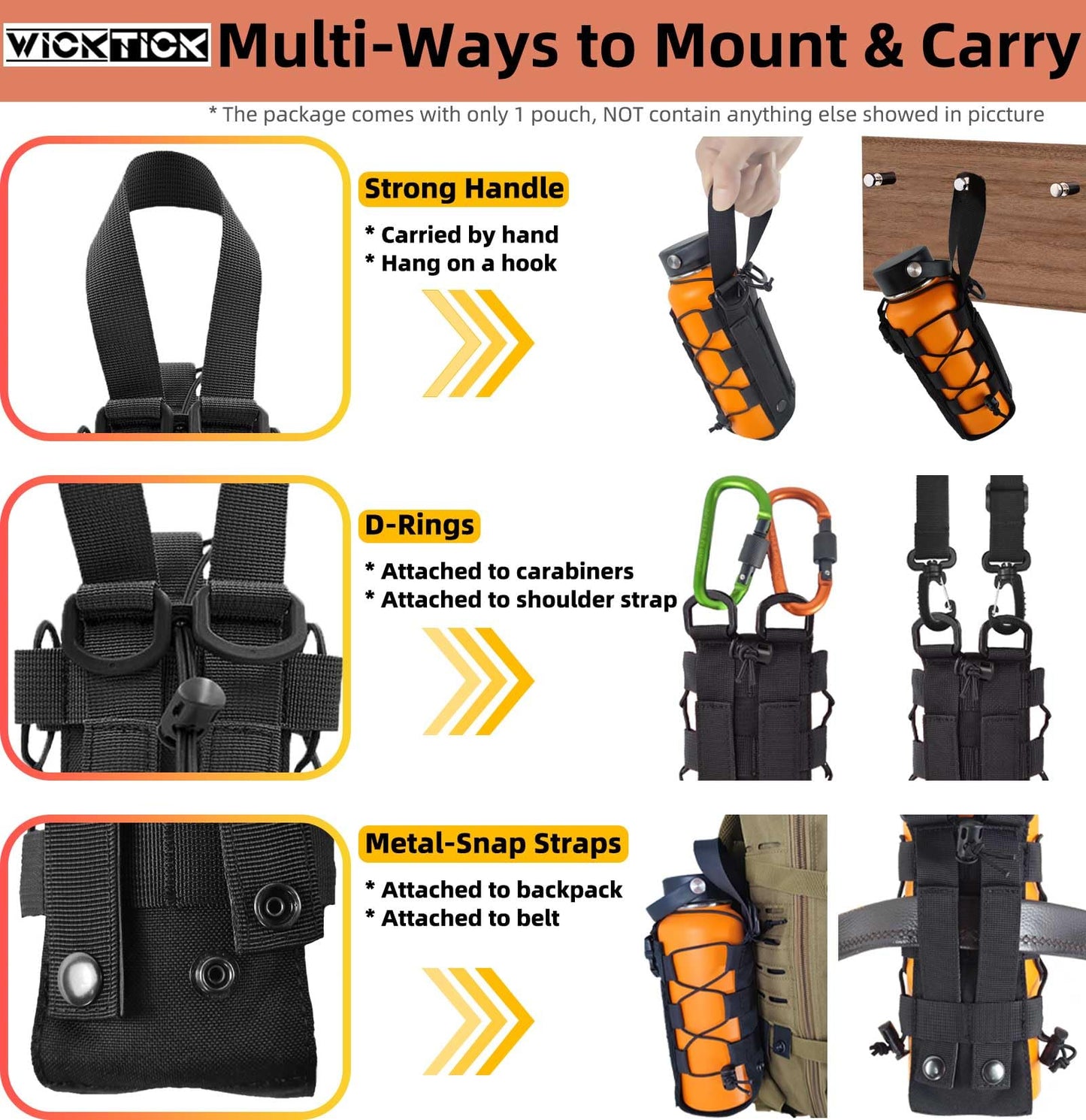 WICKTICK Molle Water Bottle Holder Pouch 16 24 32 40 64 oz - Multi-Purpose Tactical Fuel Bottle Bag, Adjustable Size for Outdoor Activities, Adapted to Backpack/Vest/Belt (Brown, Classic)