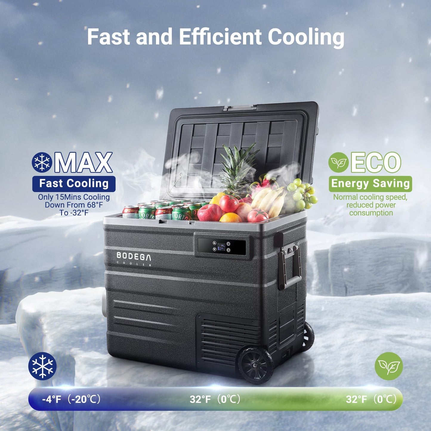 BODEGACOOLER 12 Volt Car Refrigerator,58QT(55L) Car Fridge with Wheels,RV Portable Freezer Single Zone,with APP Control,-4℉-68℉ Car Cooler,12/24V DC & 100-240V AC,for Travel,Camping,Outdoor,Vehicles