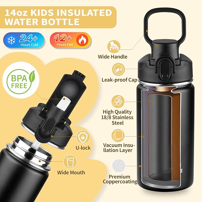 Kids Insulated Water Bottle with Straw,14oz Stainless Steel Water Bottle,BPA-free and Leak-proof,Double Wall Vacuum Water Flask for School,Gifts for Boys and GirlsοΌ14oz,BlackοΌ