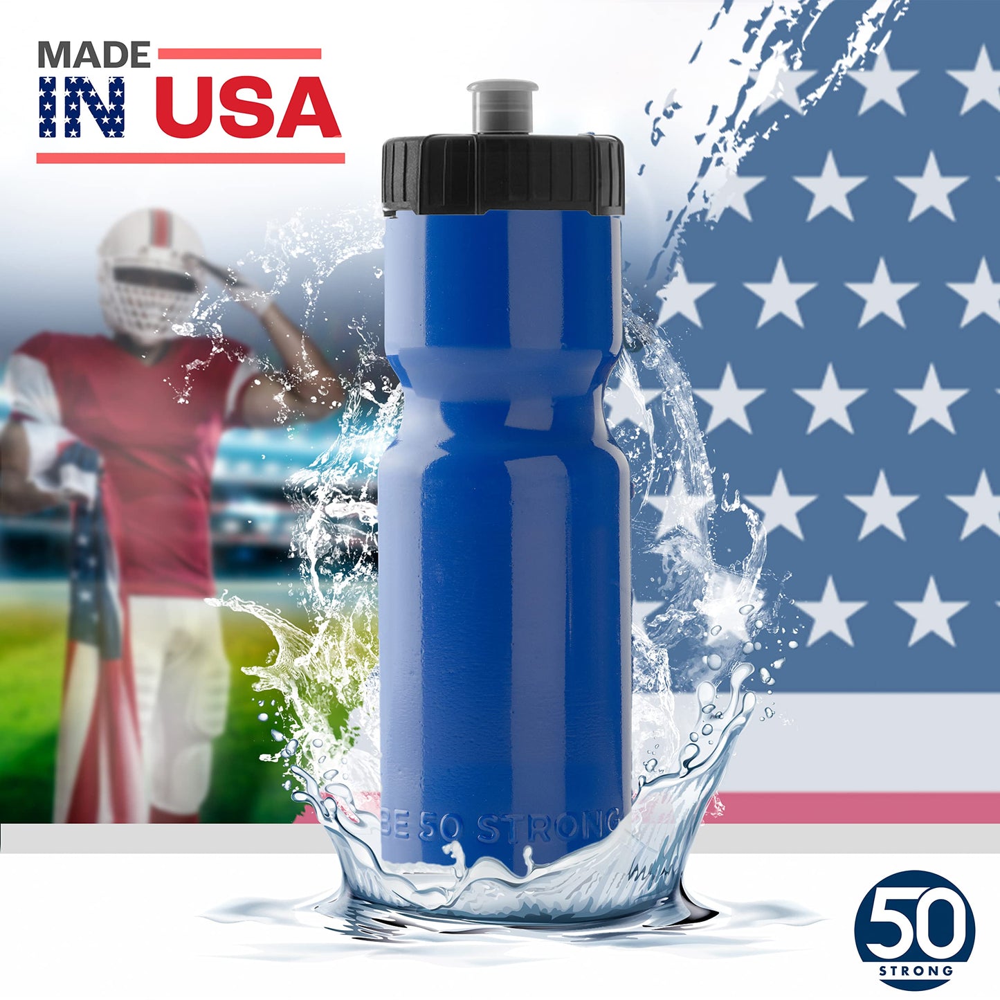 50 Strong Bulk Water Bottles | 24 Pack Sports Bottle | 22 oz. BPA-Free Easy Open with Pull Top Cap | Made in USA | Reusable Plastic Water Bottles for Adults & Kids | Top Rack Dishwasher Safe